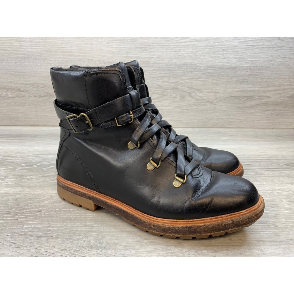 Timberland Women's Combat Boots Black Leather Lace Up Buckle 9 Comfort Shoes